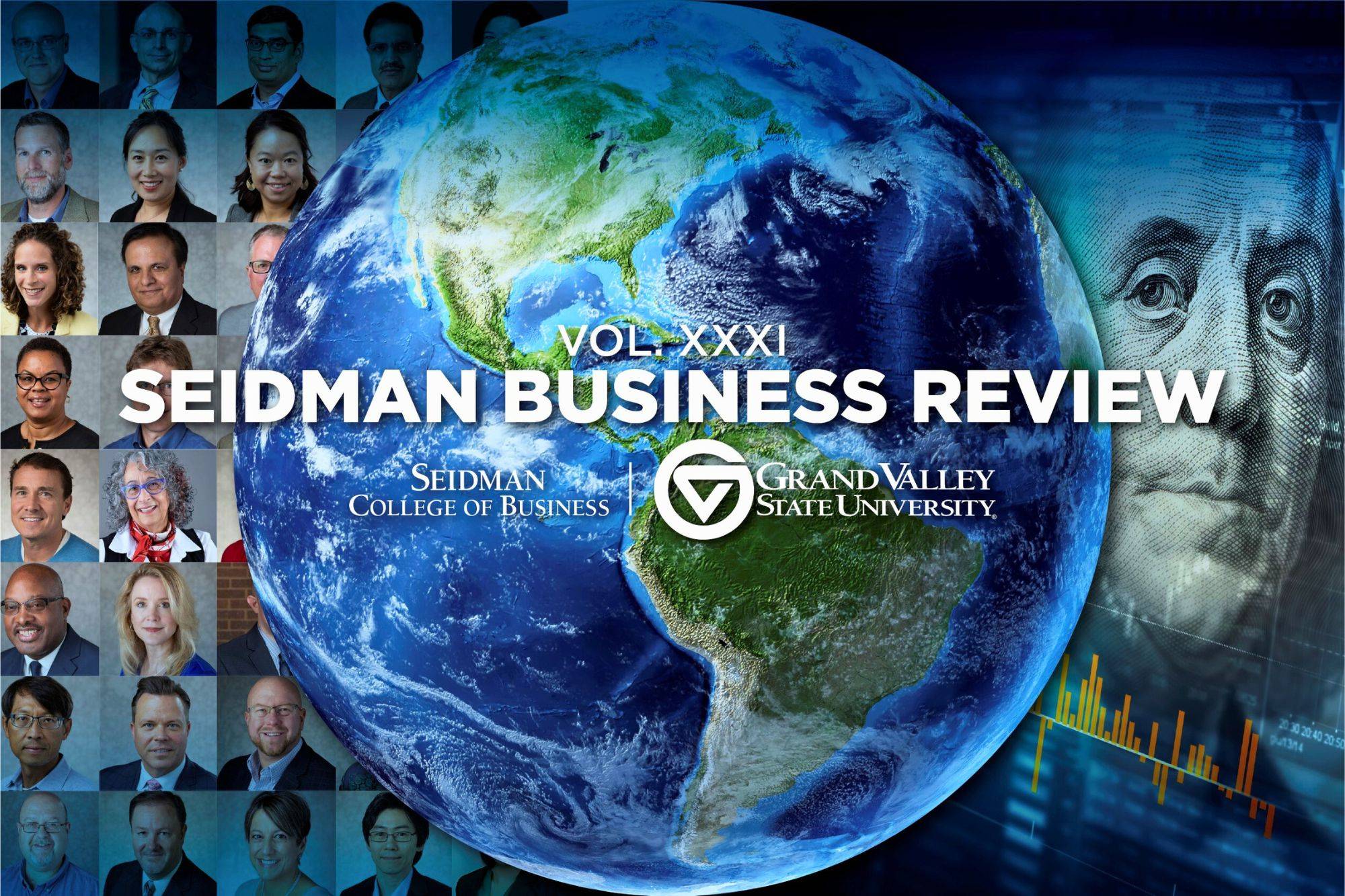 seidman business review publication cover pf globe over top photos of Seidman faculty and staff